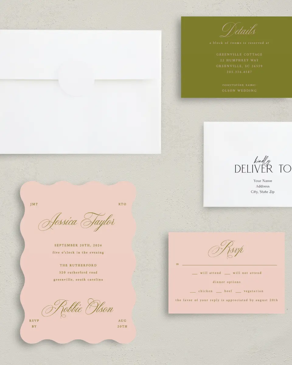 This is a 5" x 7" Wavy Wedding Invitation called Love Off Script printed in full color with Gold foil on Luxe Satin (coated) paper