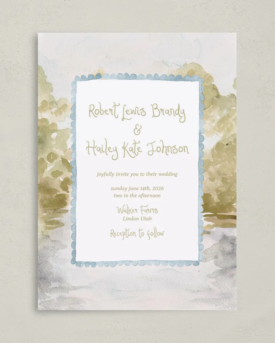This is a 5" x 7" Classic Wedding Invitation called Soft Meadows printed in full color on Premium Smooth paper