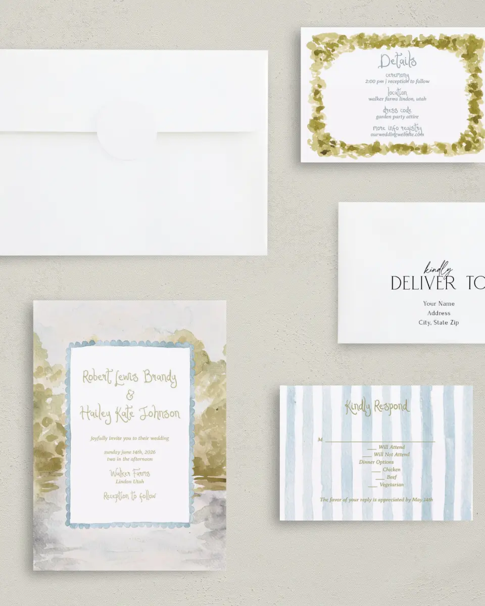 This is a 5" x 7" Classic Wedding Invitation called Soft Meadows printed in full color with Silver foil on Luxe Satin (coated) paper
