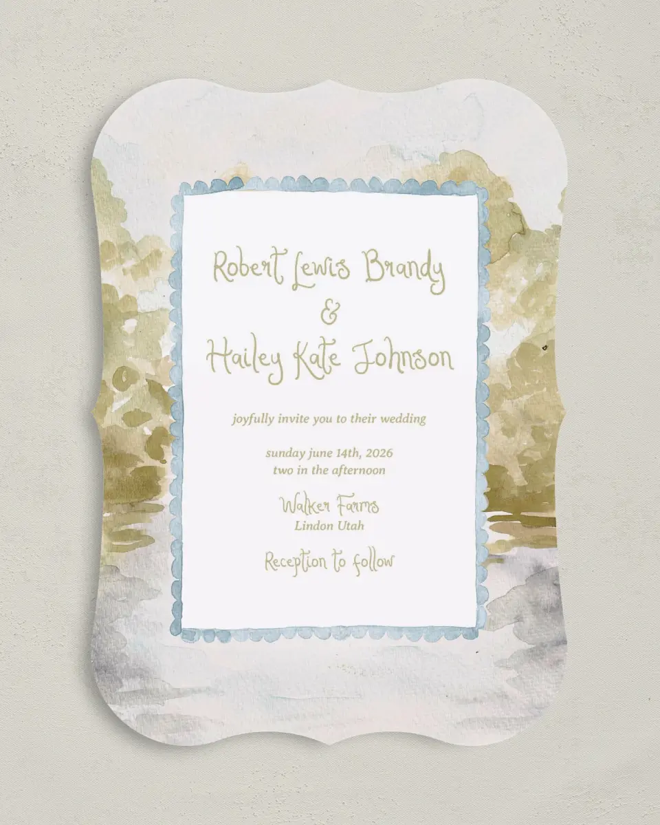 This is a 5" x 7" Bracket Wedding Invitation called Soft Meadows printed in full color with Silver foil on Luxe Satin (coated) paper