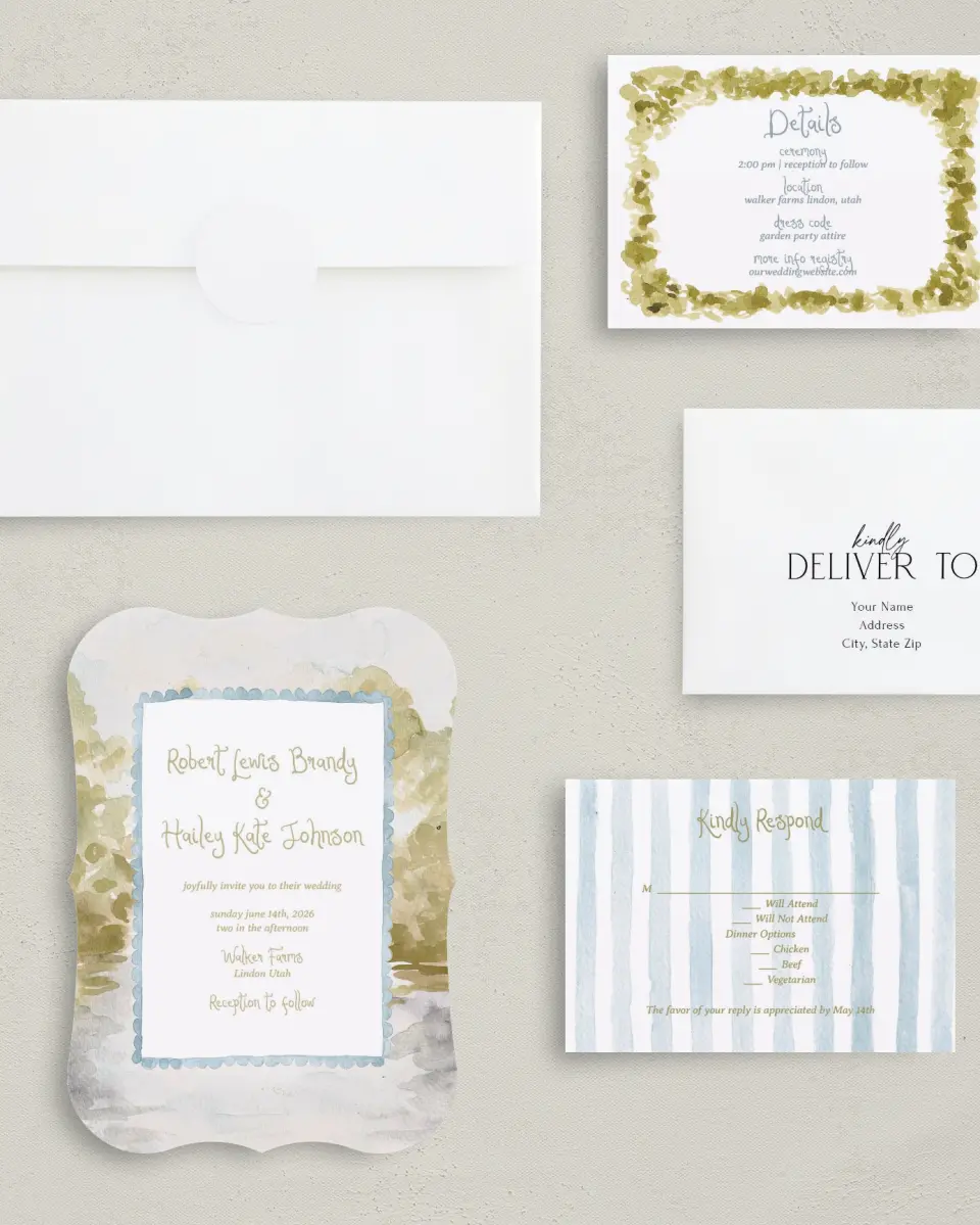 This is a 5" x 7" Bracket Wedding Invitation called Soft Meadows printed in full color with Silver foil on Luxe Satin (coated) paper