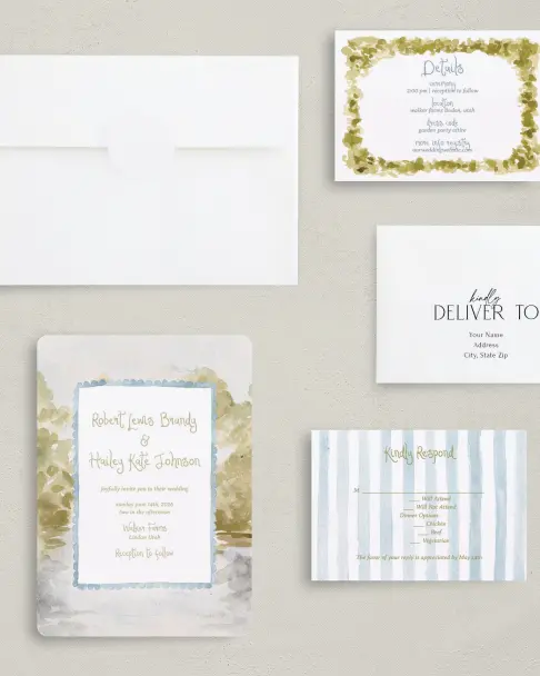 This is a 5" x 7" Rounded Wedding Invitation called Soft Meadows printed in full color on Premium Smooth paper