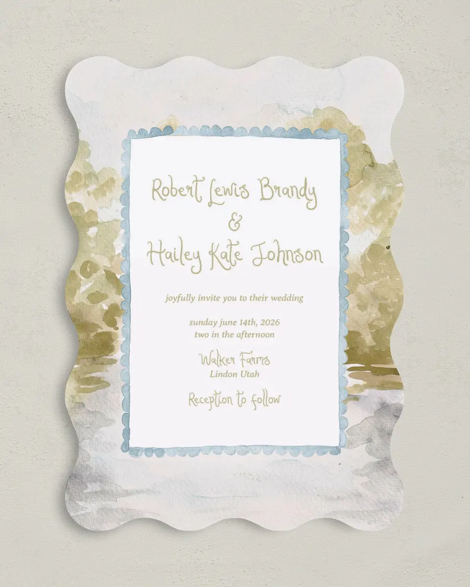 This is a 5" x 7" Wavy Wedding Invitation called Soft Meadows printed in full color on Premium Smooth paper
