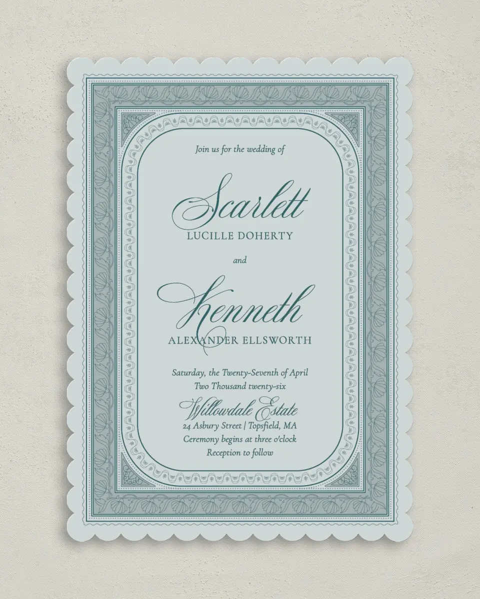 This is a 5" x 7" Classic Wedding Invitation called Delicate Vintage printed in full color on Premium Smooth paper