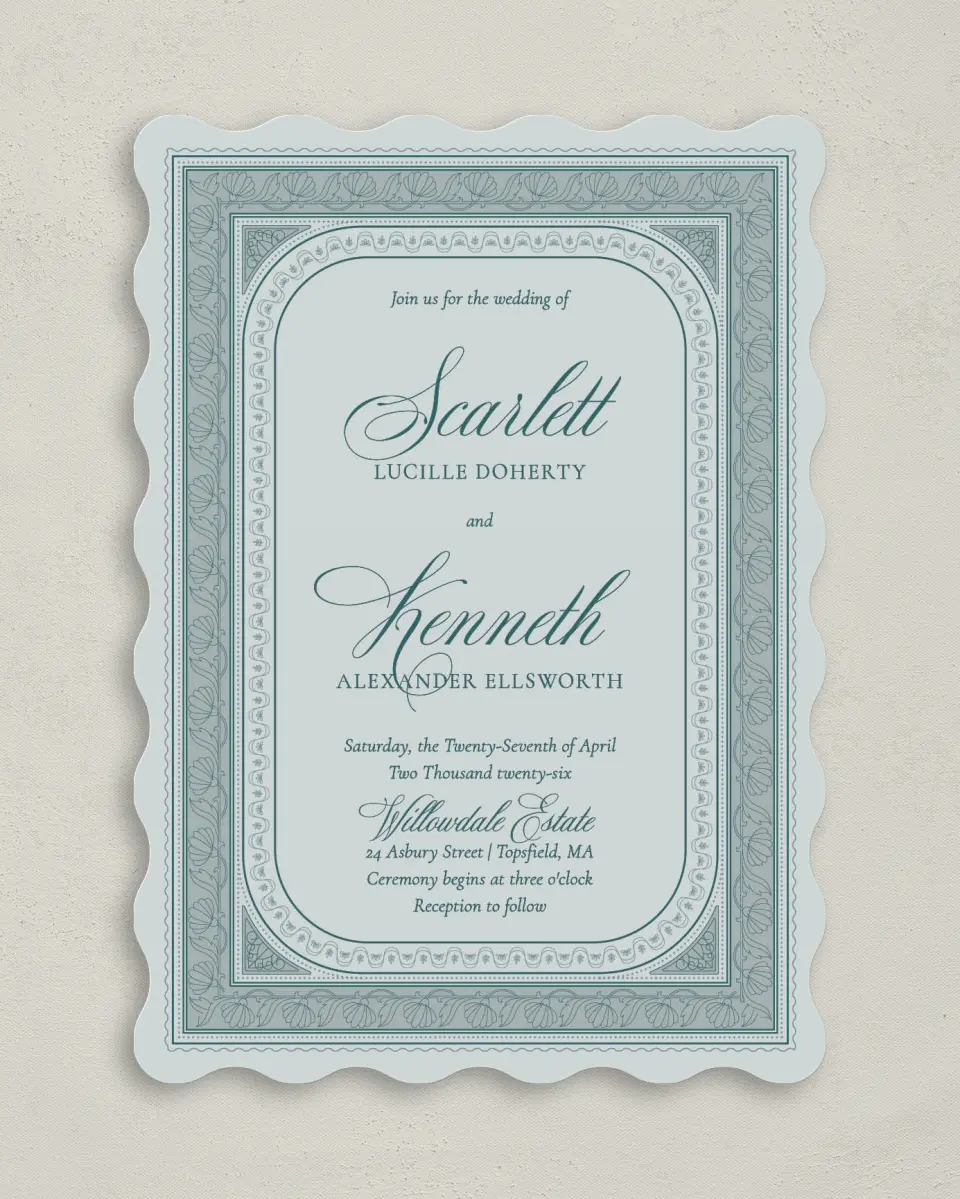 This is a 5" x 7" Wavy Wedding Invitation called Delicate Vintage printed in full color on Premium Smooth paper