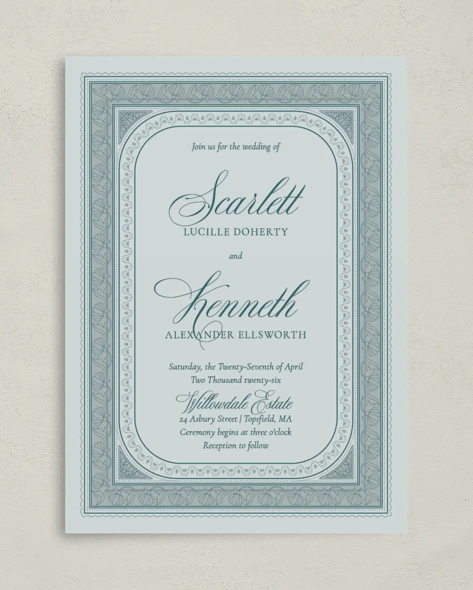 This is a 5" x 7" Classic Wedding Invitation called Delicate Vintage printed in full color on Premium Smooth paper