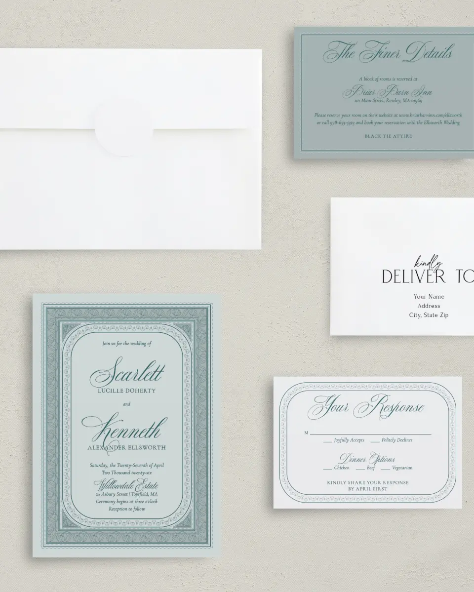 This is a 5" x 7" Classic Wedding Invitation called Delicate Vintage printed in full color with Rose Gold foil on Luxe Satin (coated) paper