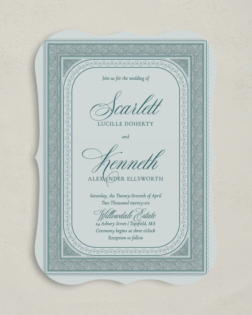 This is a 5" x 7" Bracket Wedding Invitation called Delicate Vintage printed in full color on Premium Smooth paper