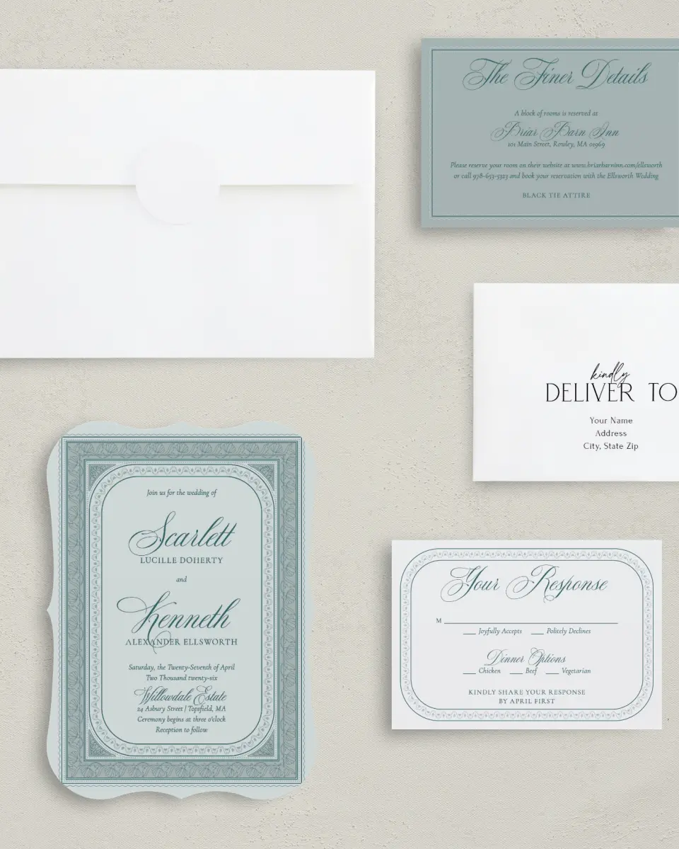 This is a 5" x 7" Bracket Wedding Invitation called Delicate Vintage printed in full color with Silver foil on Luxe Satin (coated) paper