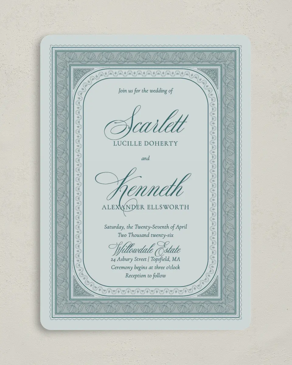 This is a 5" x 7" Rounded Wedding Invitation called Delicate Vintage printed in full color on Premium Smooth paper