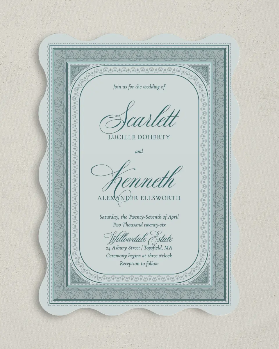 This is a 5" x 7" Wavy Wedding Invitation called Delicate Vintage printed in full color on Premium Smooth paper