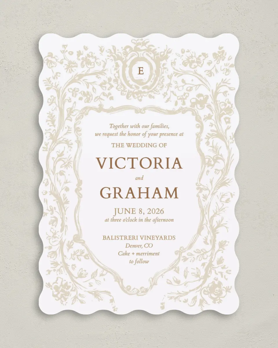 This is a 5" x 7" Wavy Wedding Invitation called Soft Branchlets printed in full color on Premium Smooth paper