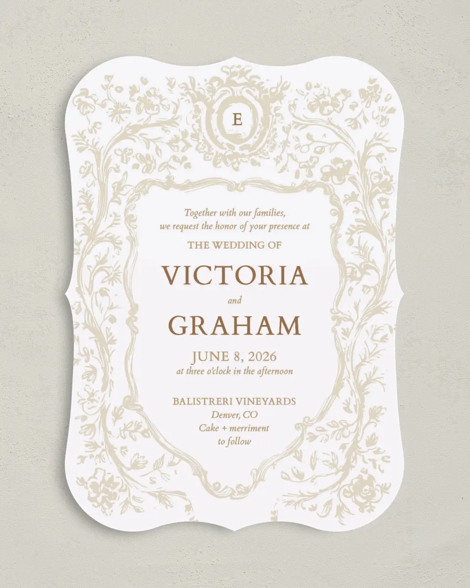 This is a 5" x 7" Bracket Wedding Invitation called Soft Branchlets printed in full color with Silver foil on Luxe Satin (coated) paper