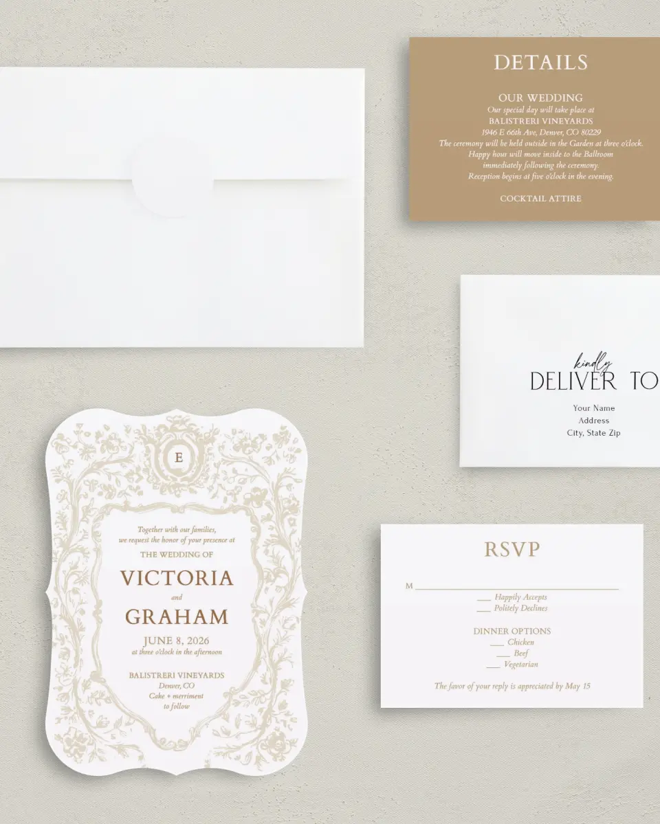This is a 5" x 7" Bracket Wedding Invitation called Soft Branchlets printed in full color with Silver foil on Luxe Satin (coated) paper