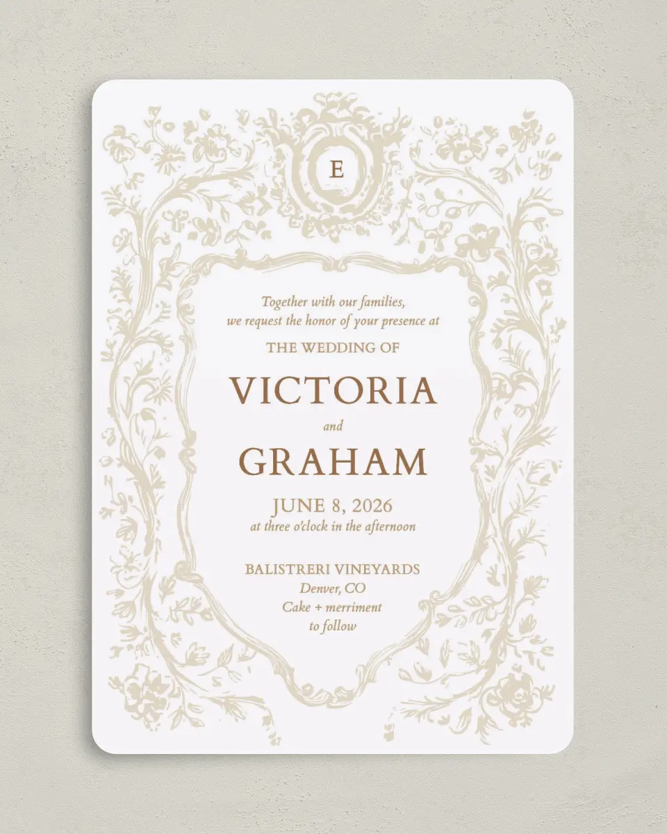 This is a 5" x 7" Rounded Wedding Invitation called Soft Branchlets printed in full color on Premium Smooth paper