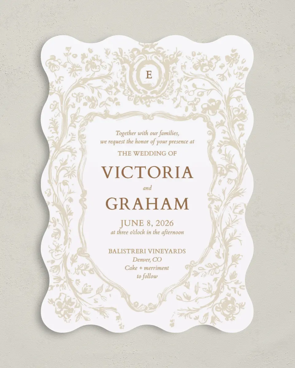 This is a 5" x 7" Wavy Wedding Invitation called Soft Branchlets printed in full color on Premium Smooth paper