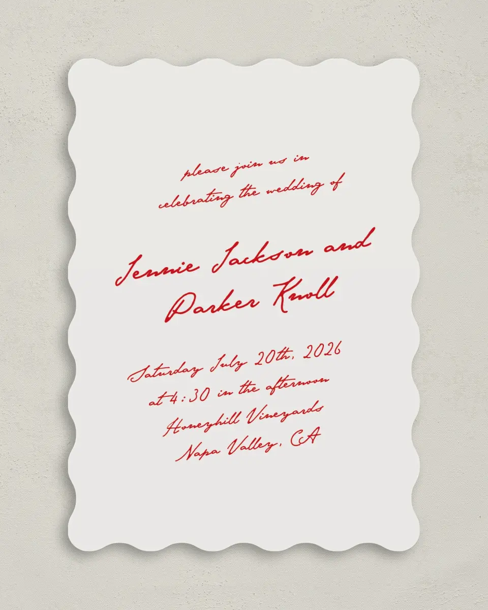 This is a 5" x 7" Wavy Wedding Invitation called With All Our Love printed in full color on Premium Smooth paper
