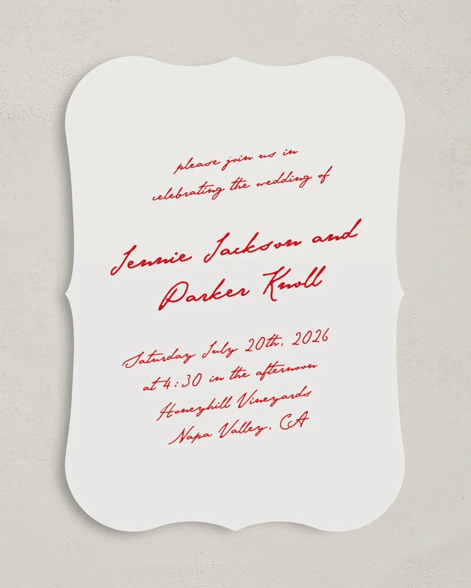 This is a 5" x 7" Bracket Wedding Invitation called With All Our Love printed in full color with Silver foil on Luxe Satin (coated) paper