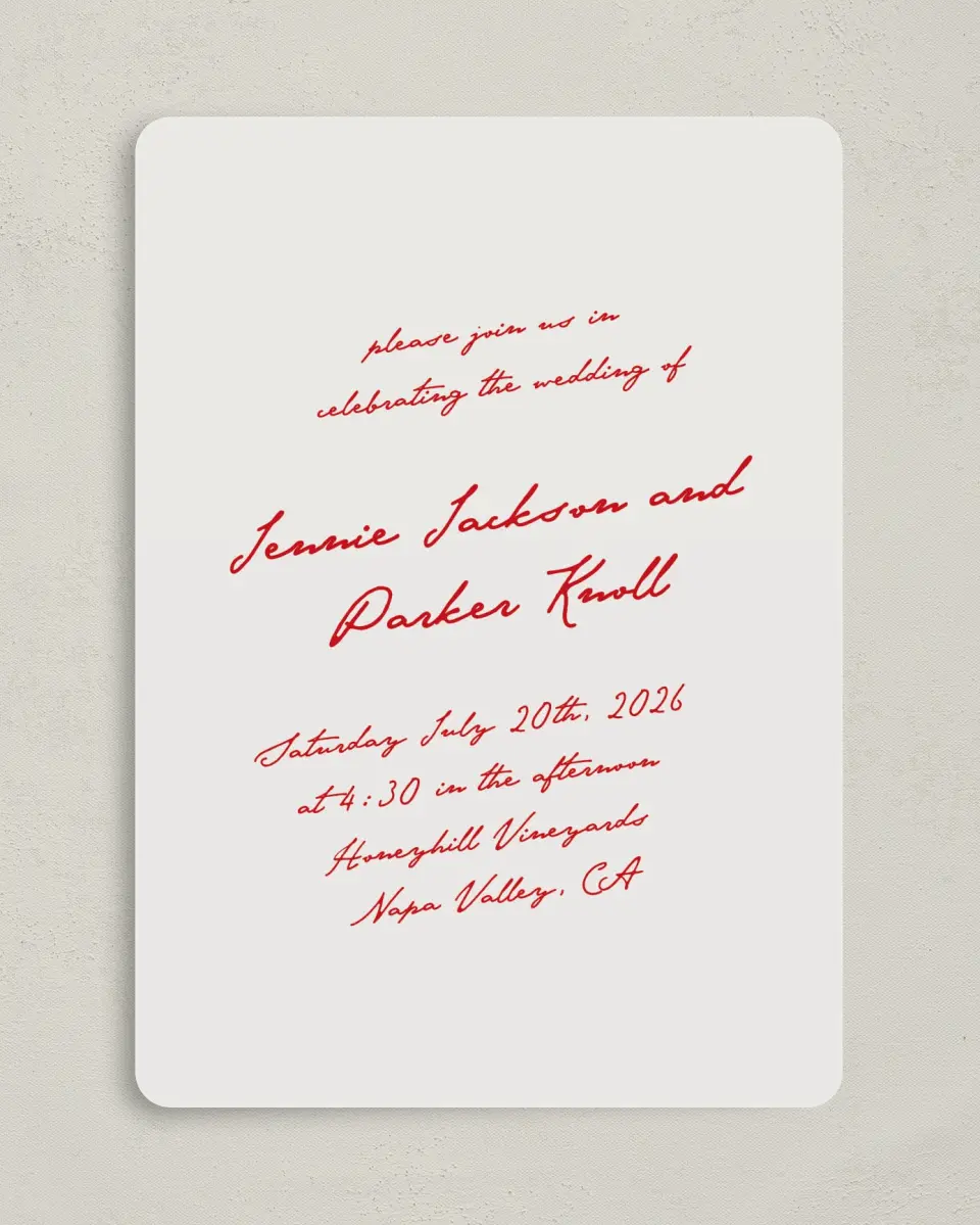 This is a 5" x 7" Rounded Wedding Invitation called With All Our Love printed in full color on Premium Smooth paper