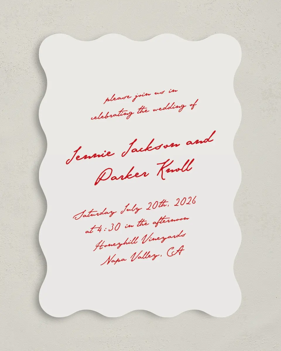 This is a 5" x 7" Wavy Wedding Invitation called With All Our Love printed in full color on Premium Smooth paper