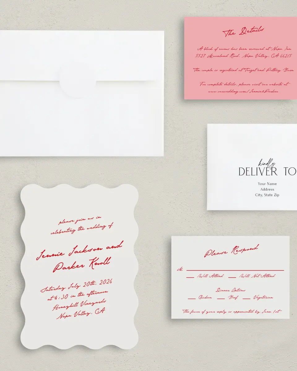 This is a 5" x 7" Wavy Wedding Invitation called With All Our Love printed in full color with Silver foil on Luxe Satin (coated) paper