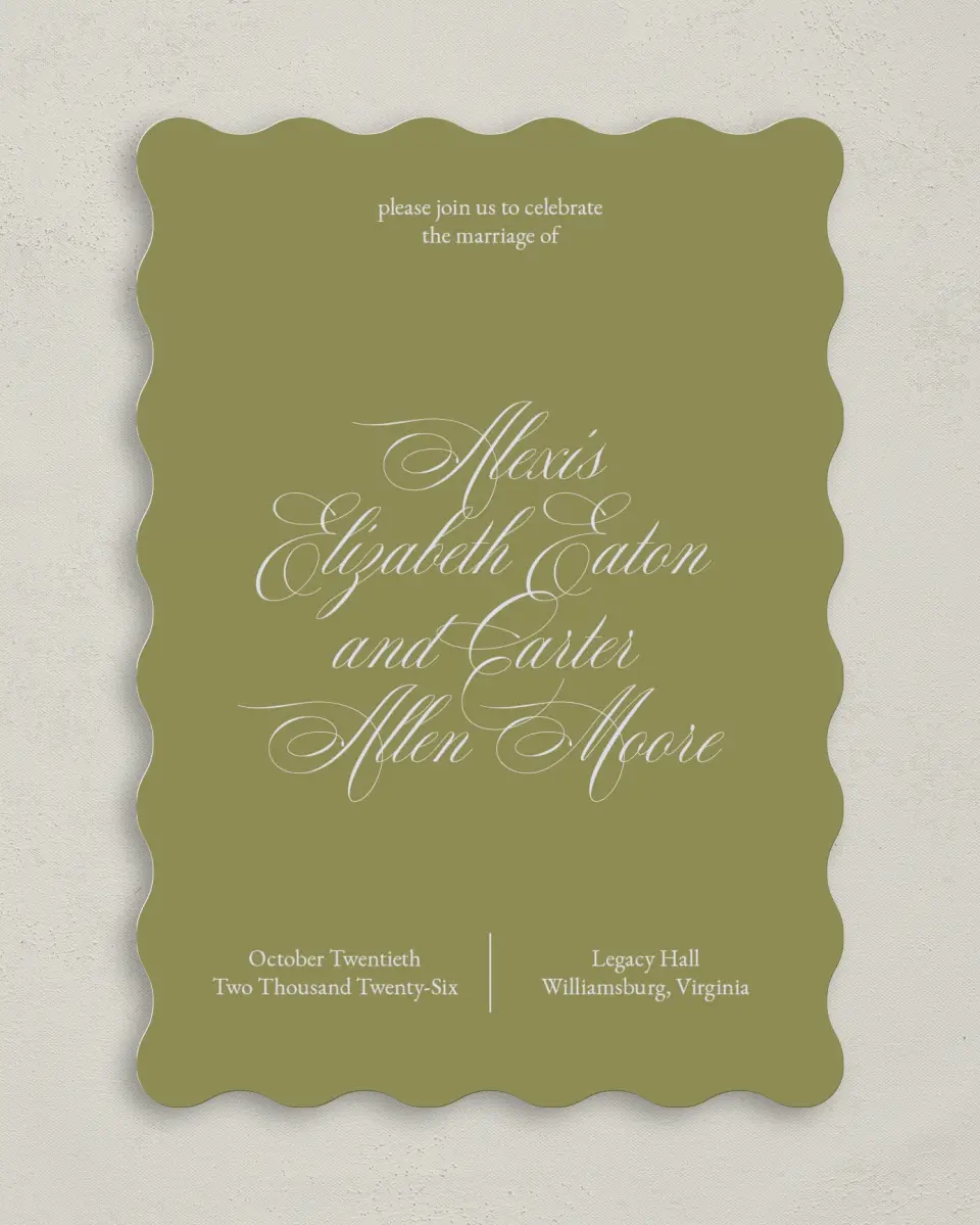 This is a 5" x 7" Wavy Wedding Invitation called Signature Vows printed in full color on Premium Smooth paper
