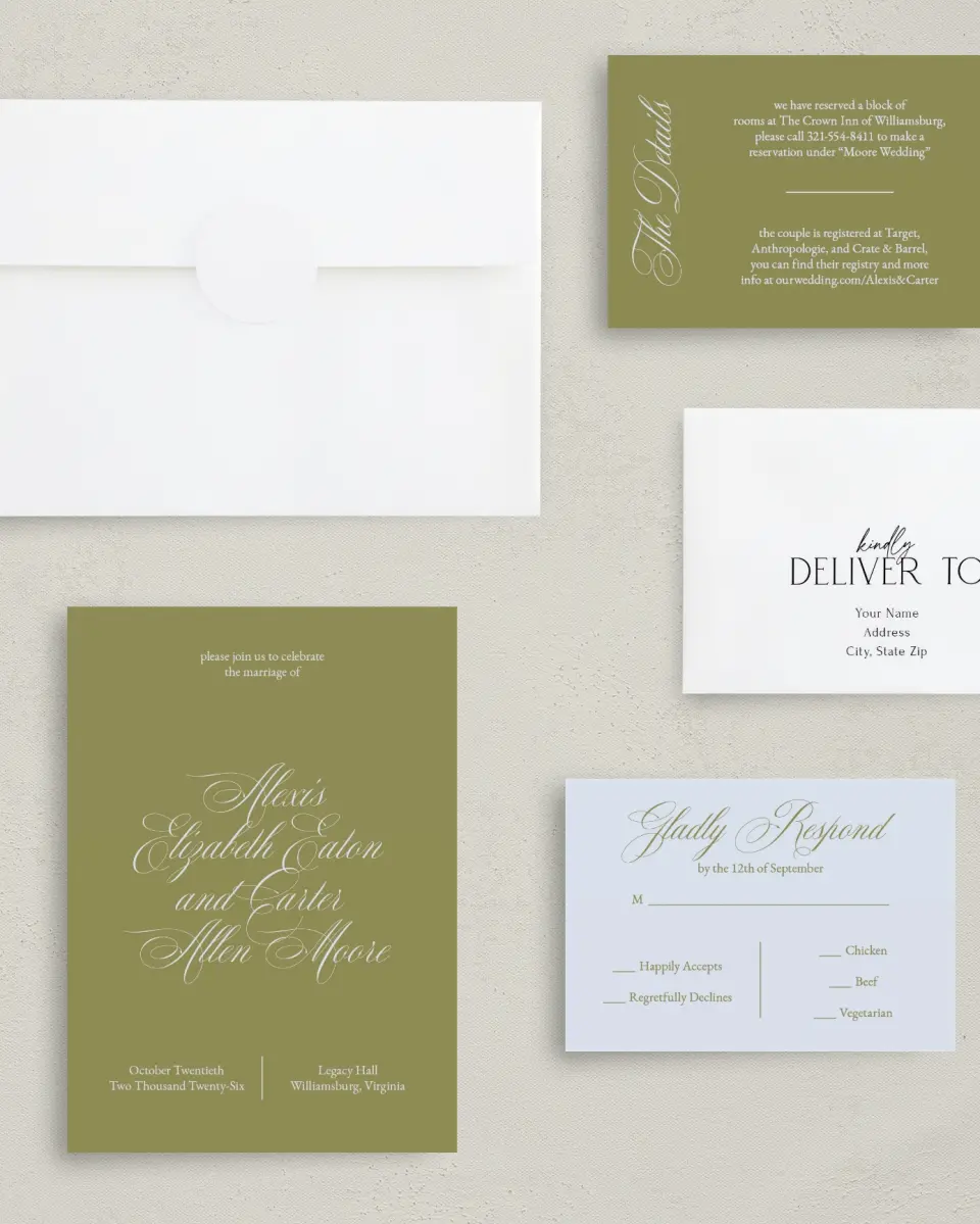 This is a 5" x 7" Classic Wedding Invitation called Signature Vows printed in full color with Rose Gold foil on Luxe Satin (coated) paper