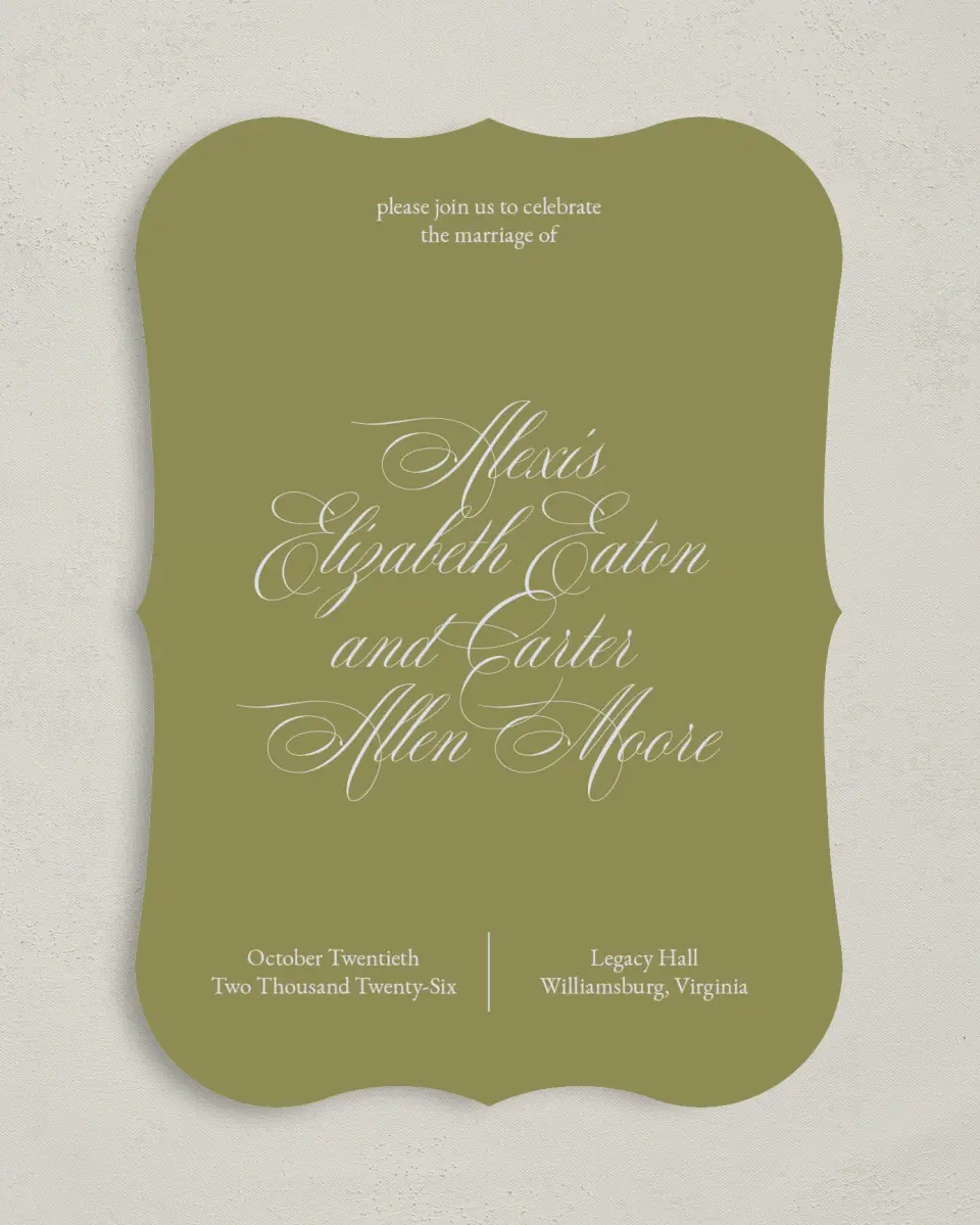 This is a 5" x 7" Bracket Wedding Invitation called Signature Vows printed in full color with Silver foil on Luxe Satin (coated) paper