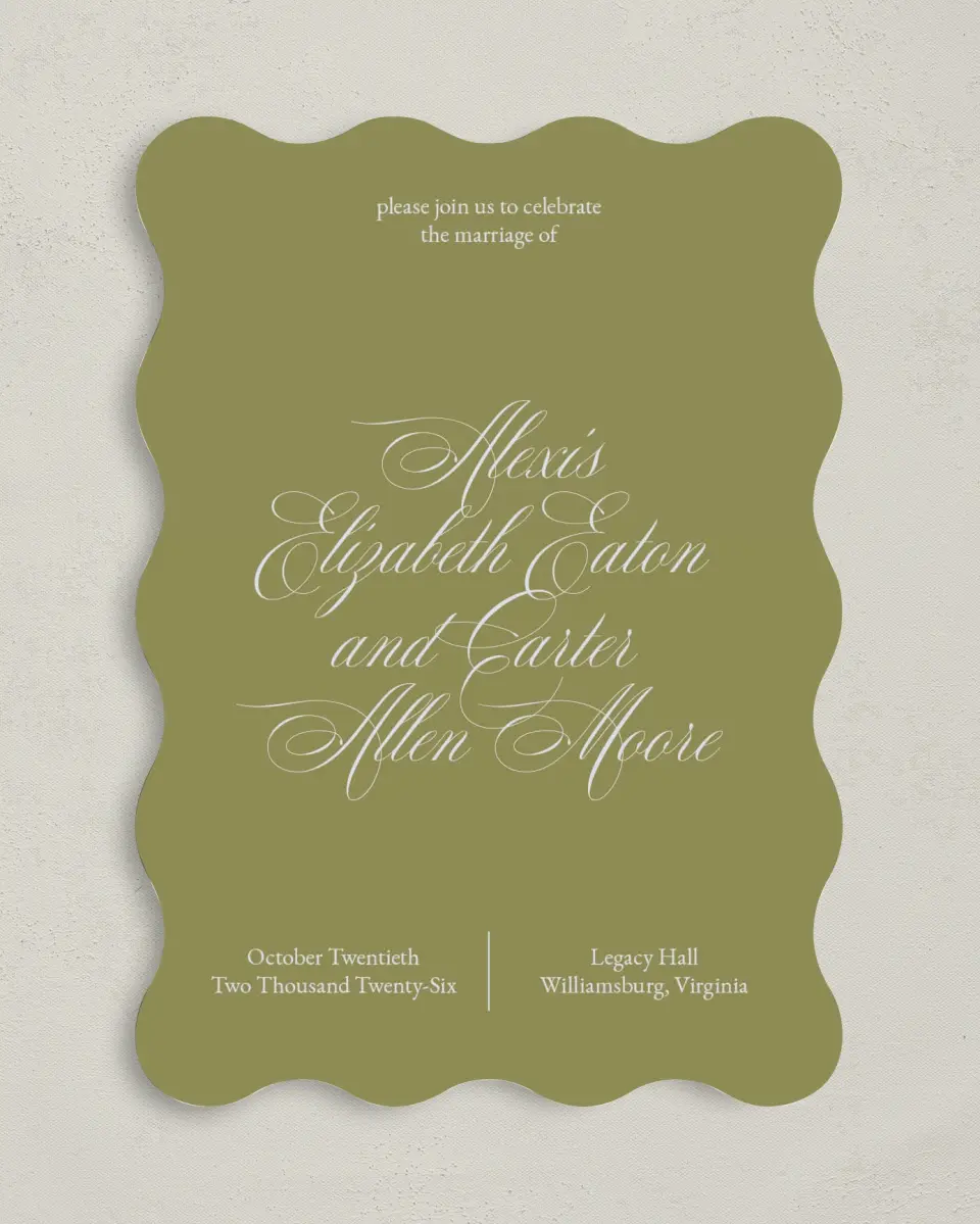This is a 5" x 7" Wavy Wedding Invitation called Signature Vows printed in full color on Premium Smooth paper