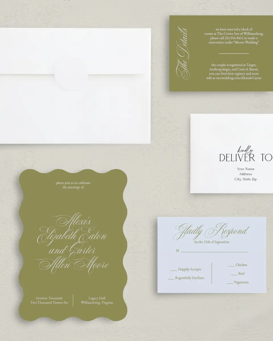 This is a 5" x 7" Wavy Wedding Invitation called Signature Vows printed in full color with Silver foil on Luxe Satin (coated) paper