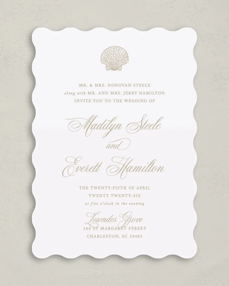 This is a 5" x 7" Wavy Wedding Invitation called Elegant Shell printed in full color on Premium Smooth paper