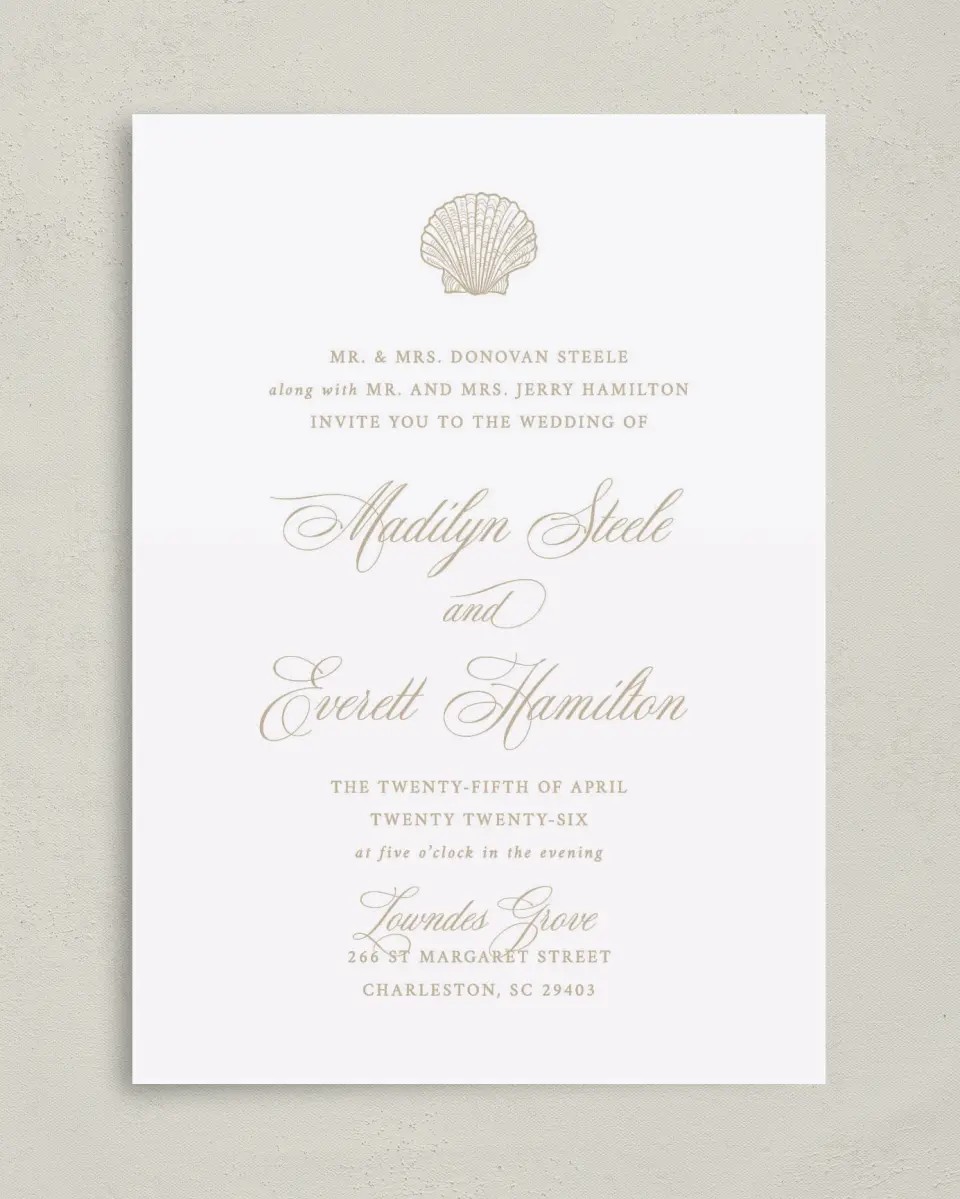 This is a 5" x 7" Classic Wedding Invitation called Elegant Shell printed in full color on Premium Smooth paper