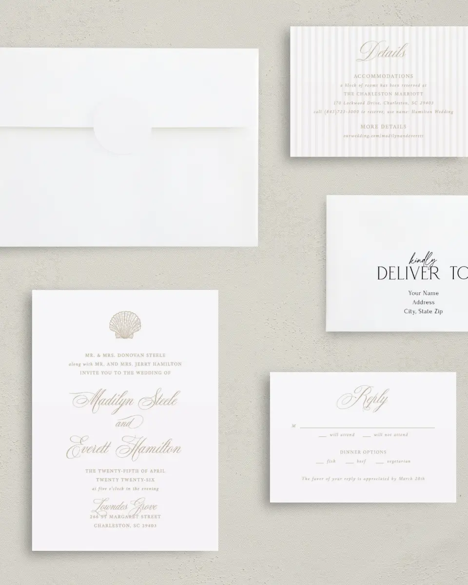 This is a 5" x 7" Classic Wedding Invitation called Elegant Shell printed in full color with Silver foil on Luxe Satin (coated) paper