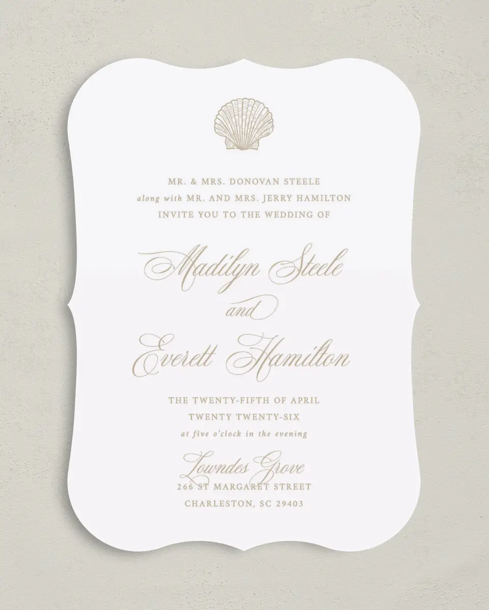 This is a 5" x 7" Bracket Wedding Invitation called Elegant Shell printed in full color on Premium Smooth paper