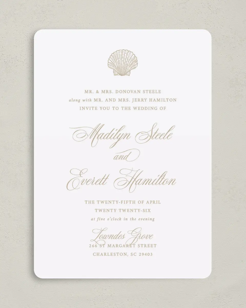 This is a 5" x 7" Rounded Wedding Invitation called Elegant Shell printed in full color with Silver foil on Luxe Satin (coated) paper
