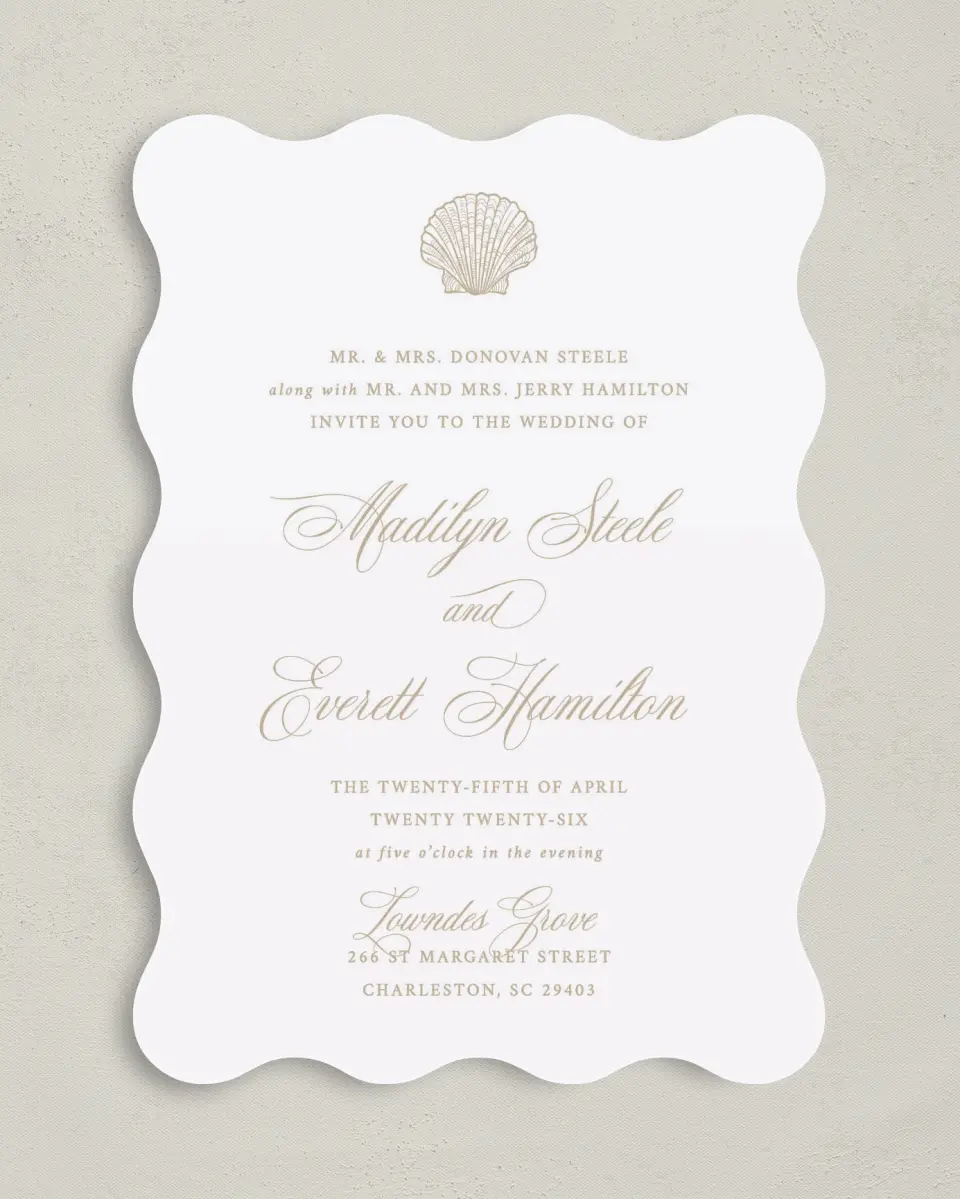 This is a 5" x 7" Wavy Wedding Invitation called Elegant Shell printed in full color on Premium Smooth paper