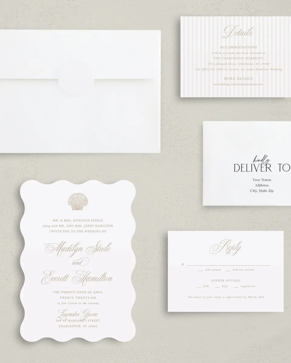 This is a 5" x 7" Wavy Wedding Invitation called Elegant Shell printed in full color with Silver foil on Luxe Satin (coated) paper