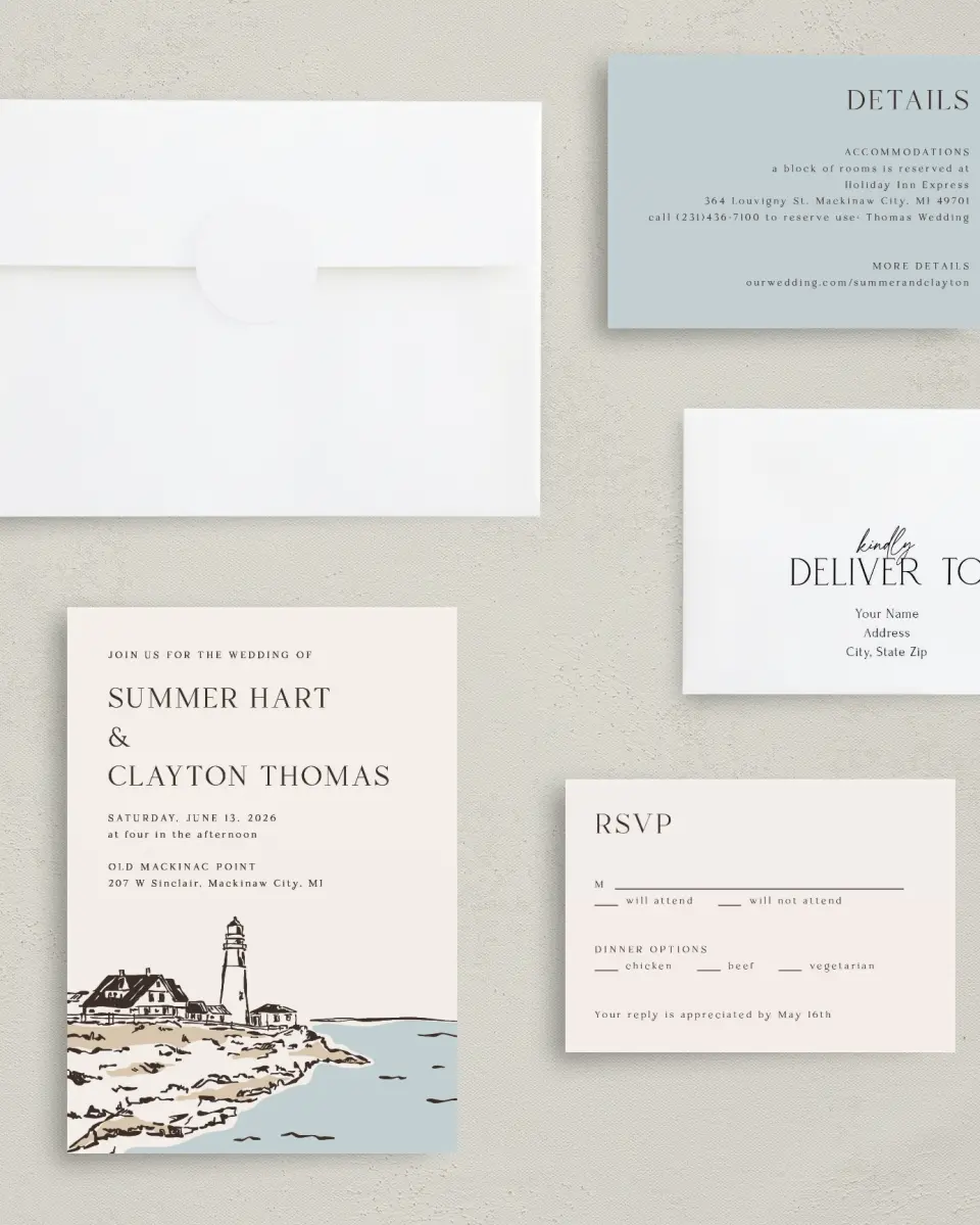 This is a 5" x 7" Classic Wedding Invitation called Beacon of Love printed in full color with Silver foil on Luxe Satin (coated) paper