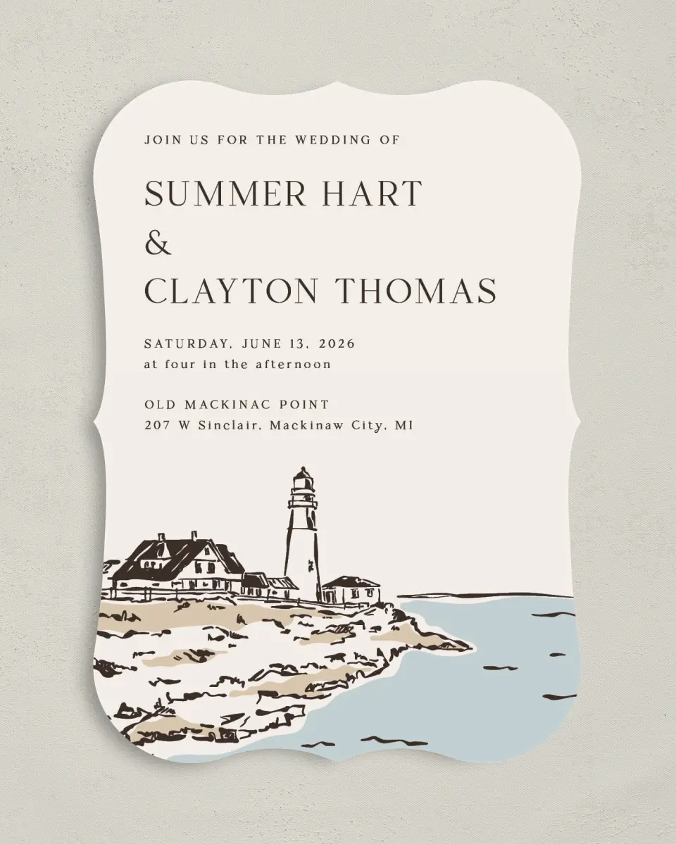 This is a 5" x 7" Bracket Wedding Invitation called Beacon of Love printed in full color with Silver foil on Luxe Satin (coated) paper