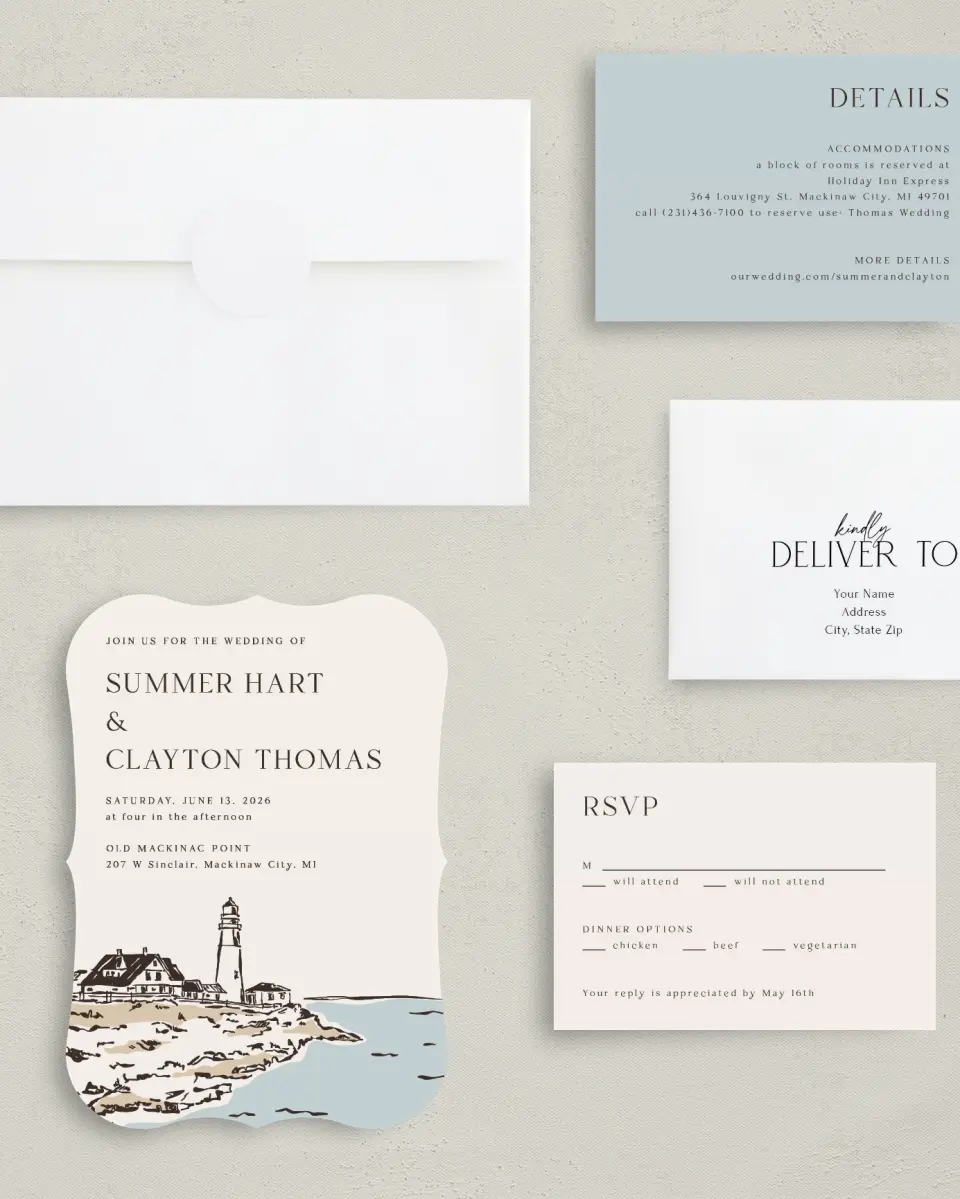 This is a 5" x 7" Bracket Wedding Invitation called Beacon of Love printed in full color with Silver foil on Luxe Satin (coated) paper
