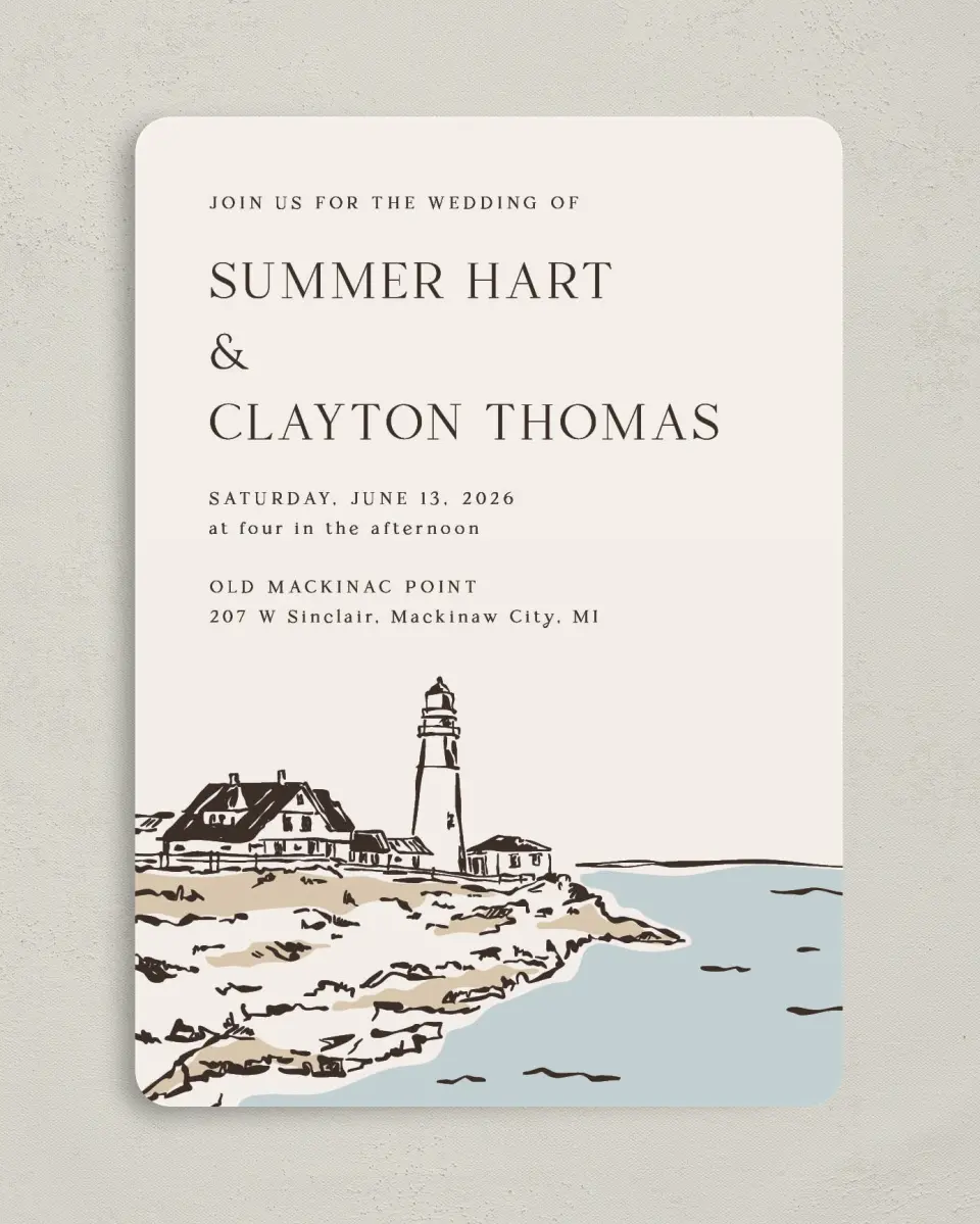 This is a 5" x 7" Rounded Wedding Invitation called Beacon of Love printed in full color on Premium Smooth paper