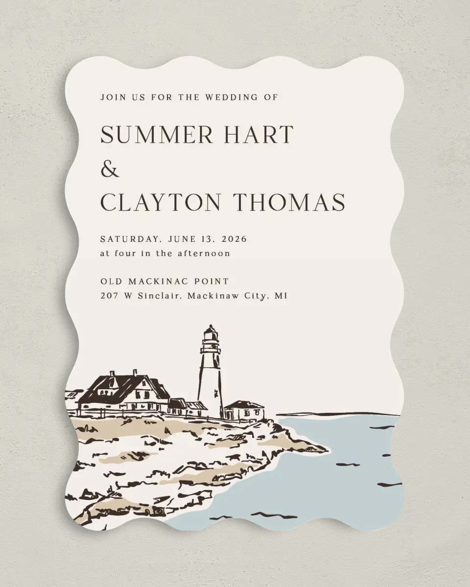 This is a 5" x 7" Wavy Wedding Invitation called Beacon of Love printed in full color on Premium Smooth paper