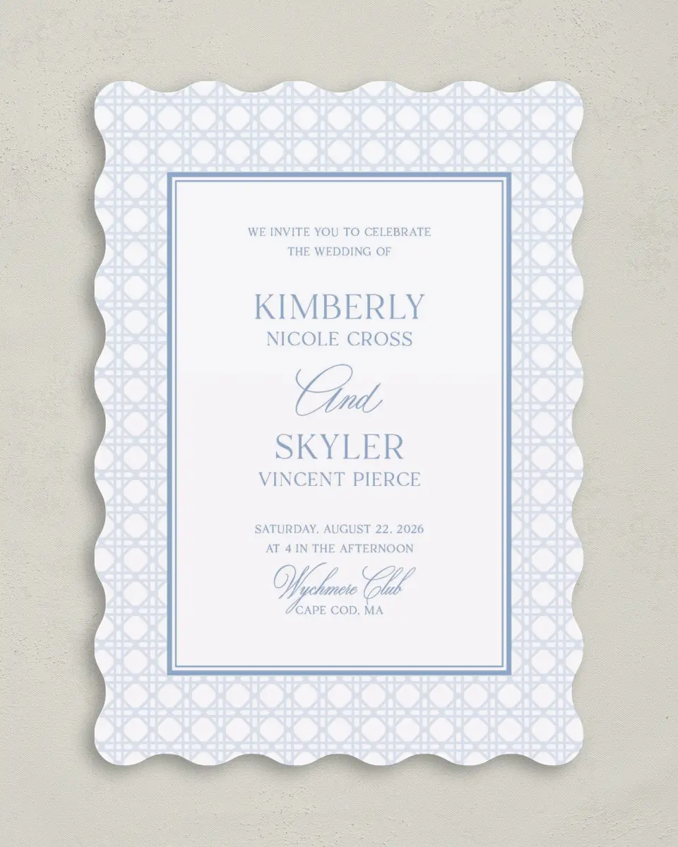 This is a 5" x 7" Wavy Wedding Invitation called Woven Serenity printed in full color on Premium Smooth paper