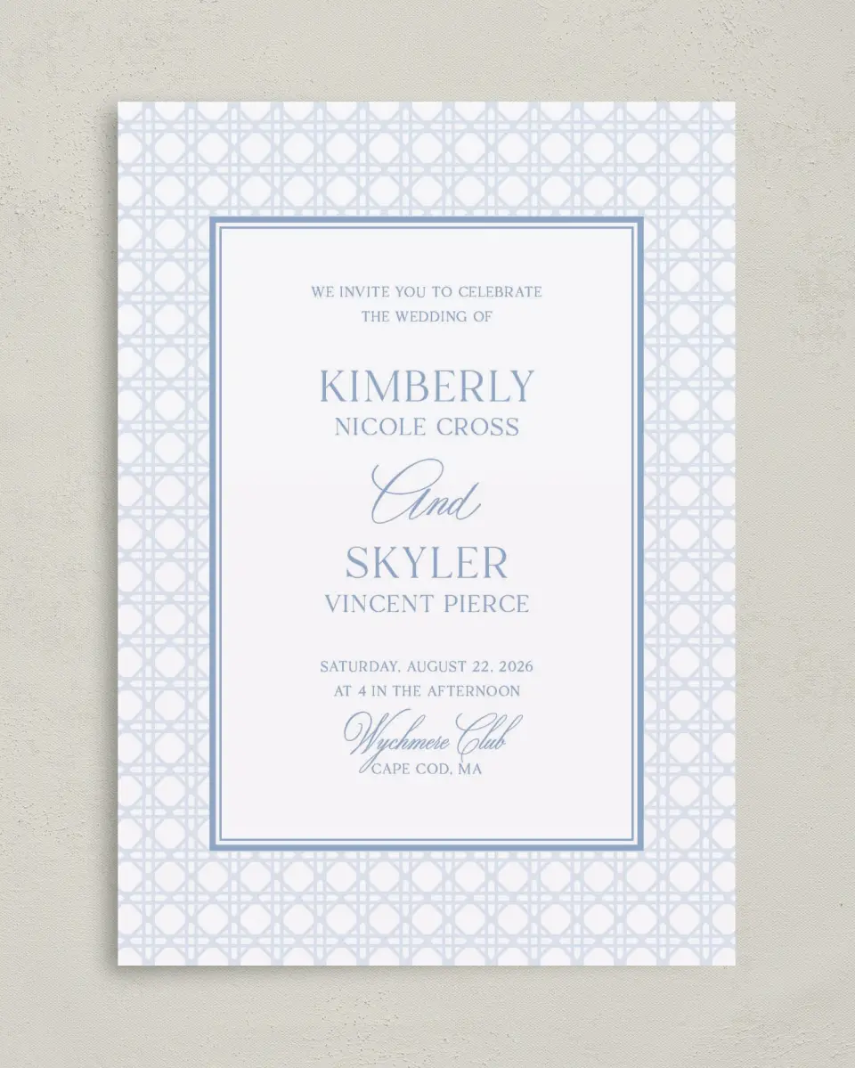 This is a 5" x 7" Classic Wedding Invitation called Woven Serenity printed in full color on Premium Smooth paper