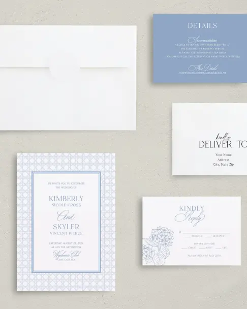 This is a 5" x 7" Classic Wedding Invitation called Woven Serenity printed in full color on Premium Smooth paper