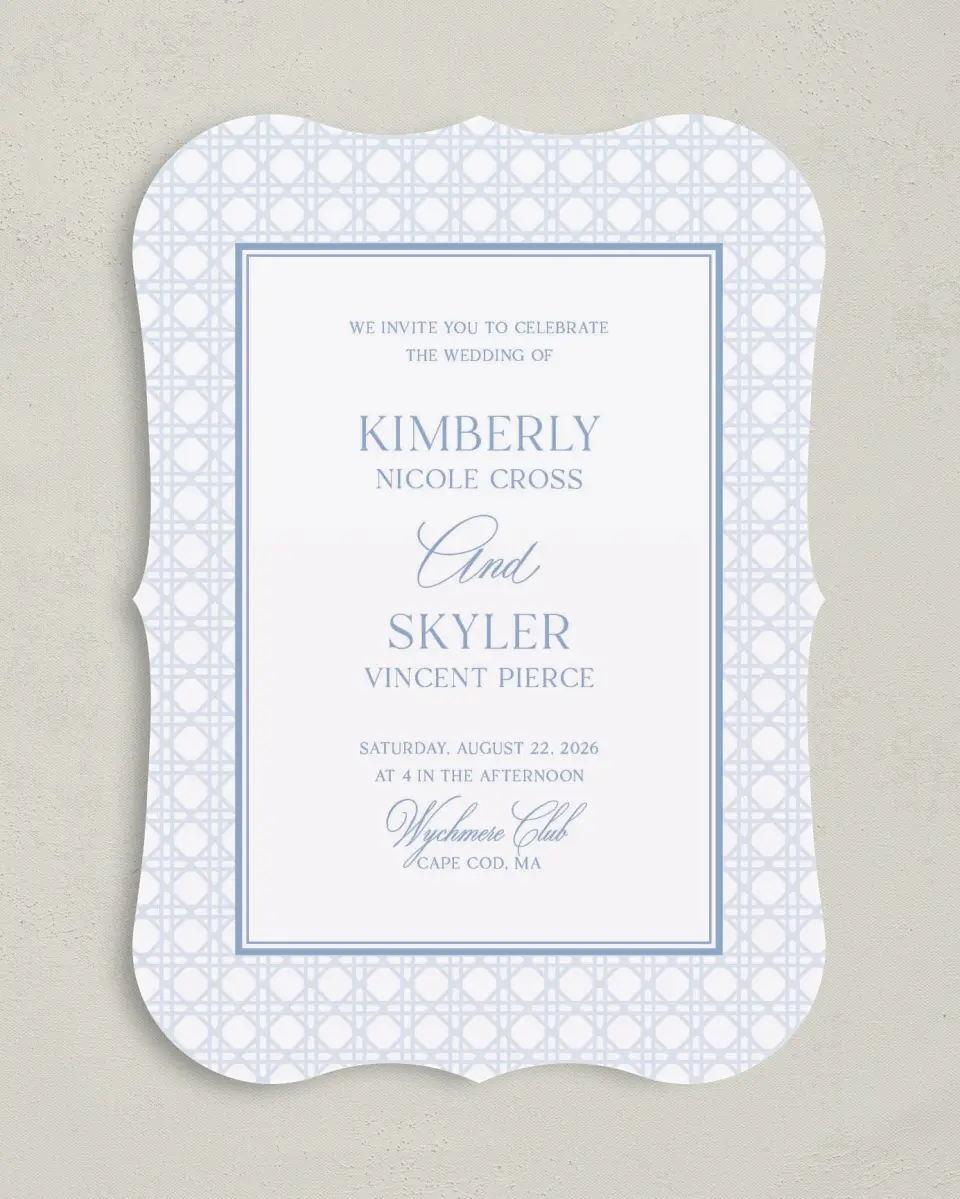 This is a 5" x 7" Bracket Wedding Invitation called Woven Serenity printed in full color with Silver foil on Luxe Satin (coated) paper
