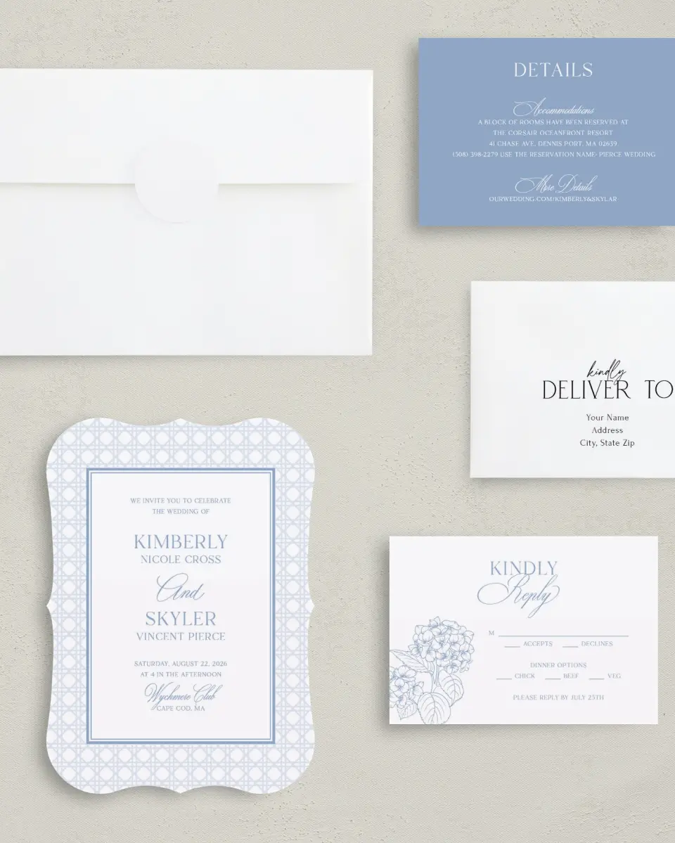 This is a 5" x 7" Bracket Wedding Invitation called Woven Serenity printed in full color with Silver foil on Luxe Satin (coated) paper