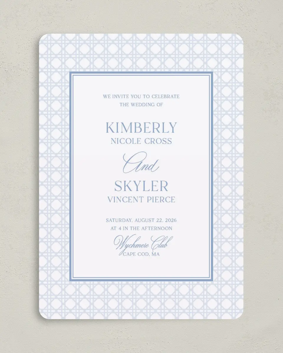 This is a 5" x 7" Rounded Wedding Invitation called Woven Serenity printed in full color on Premium Smooth paper