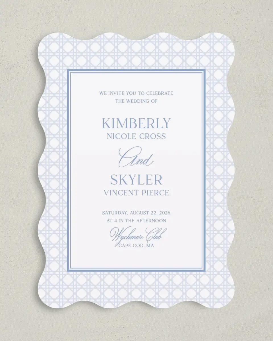 This is a 5" x 7" Wavy Wedding Invitation called Woven Serenity printed in full color with Silver foil on Luxe Satin (coated) paper