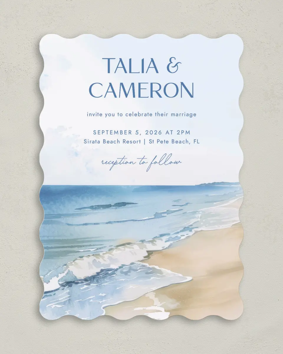 This is a 5" x 7" Wavy Wedding Invitation called Seaside Serenade printed in full color on Premium Smooth paper